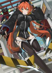 1girl absurdres alidu asymmetrical_gloves black_hoodie black_horns black_pantyhose cropped_hoodie dragon_girl dragon_horns fingerless_gloves gloves hair_between_eyes highres hood hoodie horns long_hair magus_(zenless_zone_zero) mechanical_tail mismatched_gloves orange_hair orange_pupils orpheus_(zenless_zone_zero) pantyhose single_fingerless_glove tail twintails yellow_gloves zenless_zone_zero zipping