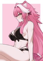 1girl absurdres animal_ears armpit_crease black_bow black_bra black_panties bow bow_bra bra breasts closed_mouth commentary eduson02 english_commentary hair_intakes highres hololive hololive_english large_breasts lingerie long_hair multicolored_hair navel panther_ears panther_girl panther_tail panties pink_background pink_hair raora_panthera solo stomach streaked_hair tail thighs two-tone_background underwear underwear_only virtual_youtuber white_background yellow_eyes