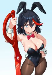 1girl absurdres animal_ear_hairband animal_ears bare_shoulders black_hair black_leotard black_pantyhose blue_background blue_eyes bow bowtie breasts cleavage closed_mouth commentary commission contrapposto covered_navel detached_collar double-parted_bangs english_commentary fake_animal_ears fake_tail hair_between_eyes hairband hand_on_own_hip highleg highleg_leotard highres kill_la_kill large_breasts leotard looking_at_viewer matoi_ryuuko moursho multicolored_hair pantyhose planted planted_sword planted_weapon playboy_bunny rabbit_ear_hairband rabbit_ears rabbit_tail red_bow red_bowtie red_hair scissor_blade_(kill_la_kill) short_hair simple_background solo strapless strapless_leotard streaked_hair sword tail traditional_bowtie two-tone_hair v-shaped_eyebrows weapon wrist_cuffs