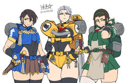 3girls adeptus_astartes arm_behind_back backpack bag bandaid bandaid_on_cheek bandaid_on_face belt belt_pouch black_belt black_eyes black_thighhighs blue_eyes blue_skirt book breasts brown_hair commentary dark_angels face_piercing fingerless_gloves forehead_piercing frown gauntlets genderswap genderswap_(mtf) gloves green_eyes green_gloves green_hairband grey_hair hairband highleg highleg_leotard imperial_fists leotard leotard_under_clothes medium_breasts micro_shorts miniskirt mole mole_under_eye multiple_girls pelvic_curtain piercing pleated_skirt pouch ryuusei_(mark_ii) sheath sheathed short_hair shorts sidelocks signature skirt sleeping_bag sword thighhighs twitter_username ultramarines warhammer_40k weapon white_thighhighs yellow_shorts zettai_ryouiki