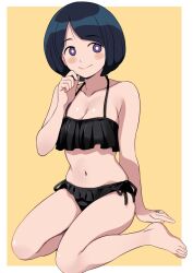 Rule 34 | 1girl, barefoot, bikini, black bikini, black hair, breasts, cleavage, full body, gundam, gundam gquuuuuux, looking at viewer, mature female, medium breasts, navel, no sclera, orange background, ponzu rui, purple eyes, ruffle bikini, shiiko sugai, shoes, short hair, side-tie bikini bottom, solo, swimsuit, unworn shoes