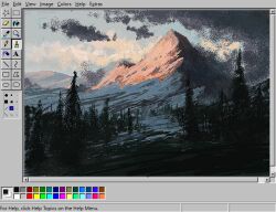 art_program_in_frame christian_young cloud cloudy_sky commentary dark_cloud day film_grain forest landscape microsoft_paint_(medium) microsoft_paint_(software) microsoft_windows mountain mountainous_horizon mountaintop nature no_humans original outdoors painterly scenery screencap sky snow tree windows_98 windows_classic