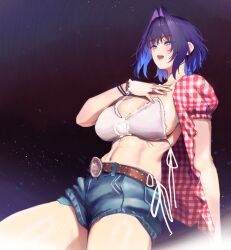 1girl absurdres belt bikini black_hair blue_eyes blue_hair blue_shorts bracelet breasts brown_belt denim denim_shorts erasorpepero gradient_hair hashtag-only_commentary highres hololive hololive_english huge_breasts jewelry multicolored_hair navel ouro_kronii photo-referenced plaid_clothes plaid_shirt red_shirt shirt short_shorts shorts solo swimsuit virtual_youtuber white_bikini