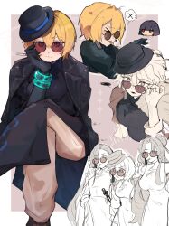 3girls :3 black_coat black_dress black_hat blonde_hair border brown_pants china_dress chinese_clothes cigarette cinq_association_east_uniform coat coat_on_shoulders contempt_awe_(e.g.o) don_quixote_(project_moon) dress e.g.o_(project_moon) earrings full_body grey_background hat highres jade_bracelet jewelry limbus_company looking_at_viewer multiple_girls multiple_views ofuda_earrings oshikyomokawaii pants partially_opaque_sunglasses project_moon red-tinted_eyewear rodion_(project_moon) round_eyewear ryoshu_(project_moon) single_earring sitting solo_focus tilted_headwear tinted_eyewear white_border
