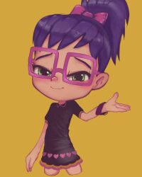 1girl abby_hatcher_(character) abby_hatcher_(series) black_dress blush bow conoghi dress glasses green_eyes hair_bow heart heart_print long_hair looking_at_viewer nickelodeon pink_bow ponytail print_dress purple_hair short_sleeves smile standing watch wristwatch yellow_background