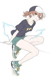 1girl black_shirt brown_hair collarbone electricity green_shoes green_shorts grin hat highres looking_at_viewer misaka_mikoto no_socks shirt shoes short_hair shorts simple_background smile sneakers solo t-shirt t1kosewad tagme toaru_kagaku_no_railgun toaru_majutsu_no_index white_background