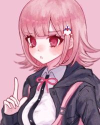 1girl :o blush breasts danganronpa_(series) danganronpa_2:_goodbye_despair flipped_hair hair_ornament hand_up hood hood_down hooded_jacket index_finger_raised jacket long_sleeves medium_hair nanami_chiaki neck_ribbon open_clothes open_jacket pink_background pink_eyes pink_ribbon ribbon shirt sll_ux solo spaceship_hair_ornament two-tone_shirt