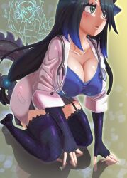 1girl absurdres animal_ears black_dragon_(kemono_friends) black_hair blue_hair blush breasts cleavage coat doctor dragon_ears dragon_girl dragon_tail fingerless_gloves fishnet_gloves fishnets garter_belt garter_straps gloves grey_eyes highres kemono_friends kemono_friends_3 kirimomist kneeling lab_coat large_breasts long_hair multicolored_hair open_clothes open_coat scale_print seiryuu_(kemono_friends) shirt skirt stethoscope tail thighhighs white_coat