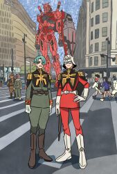 3girls 5boys amate_yuzuriha bag belt blonde_hair blue_hair blue_jacket boots challia_bull char_aznable character_request commentary_request epaulettes eye_mask facial_hair gloves gundam gundam_gquuuuuux hair_over_one_eye hand_on_own_hip highres holding holding_shield jacket light_smile looking_at_viewer mask mobile_suit multiple_boys multiple_girls mustache nyaan_(gundam_gquuuuuux) pants people red_gundam red_jacket red_pants shield shoulder_bag skirt takeuchi_ryousuke white_gloves