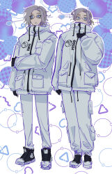 1boy 1girl aotsuki_eito black_gloves black_shoes blue_background blue_eyes closed_mouth drawstring eyelashes frown genderswap genderswap_(mtf) glasses gloves hand_up highres jacket long_sleeves multicolored_shoes pants parted_hair purple_background shoes the_hundred_line_-last_defense_academy- white_background white_hair white_jacket white_pants white_shoes zipper zipper_pull_tab