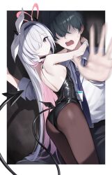 1boy 1girl absurdres arms_around_neck ass black_hair black_hairband black_leotard black_pantyhose blue_archive blue_necktie blush breasts closed_mouth collared_shirt colored_inner_hair commentary grey_eyes hair_over_one_eye hairband halo hashtag-only_commentary highres id_card leotard long_hair looking_at_viewer multicolored_hair necktie okkimon open_mouth outdoors pantyhose pink_hair plana_(blue_archive) red_halo sensei_(blue_archive) shirt small_breasts strapless strapless_leotard tail teeth upper_teeth_only very_long_hair white_hair white_shirt