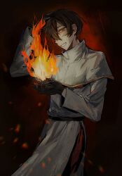 Rule 34 | 1boy, alternate eye color, belt, black belt, black gloves, brown hair, capelet, coat, commentary request, cowboy shot, fire, gloves, gold trim, grin, hand on own head, high collar, highres, hongyan biaozi chu, jabuchi you, long sleeves, male focus, pants, pyrokinesis, red background, red eyes, red pants, saibou shinkyoku, short hair, side slit, smile, solo, sweat, white capelet, white coat