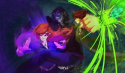 1girl 2boys absurdres belt ben_10 ben_10:_alien_force ben_tennyson black_hair blue_pants blue_shirt brown_belt brown_hair clenched_hand collared_shirt commentary enagatori_38 english_commentary glowing glowing_hand green_eyes green_jacket grin gwen_tennyson highres jacket kevin_levin long_hair magic multiple_boys omnitrix open_clothes open_jacket orange_hair pants punching shirt short_hair smile swampfire teeth