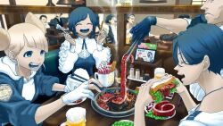 3girls 6+boys :d alcohol beef beer beer_mug blonde_hair blue_eyes blue_gloves blue_hair blush bowl cherry chinese_commentary chopsticks closed_eyes collared_shirt commentary_request cone_hair_bun cooking copyright_name cup diagonal_bangs double_bun eating food frilled_shirt frilled_sleeves frills fruit fukurai_azami gloves grill grilling guide_(toshi_densetsu_kaitai_center) hair_bun highres holding holding_bowl holding_chopsticks holding_food holding_sandwich holding_spoon holding_tongs hood hood_down hoodie ice_cream indoors jumpsuit long_sleeves looking_at_another matsuda_ryota meat meguriya_ayumu mug multiple_boys multiple_girls neighbor_(toshi_densetsu_kaitai_center) official_art open_mouth park_manager_(toshi_densetsu_kaitai_center) plate puffy_sleeves raw_meat restaurant rice rice_bowl salt_shaker sandwich second-party_source shirt short_hair sitting slice_of_life smile smoke spoon table tanihara_kinoko teeth tomarigi_yasumi tomiiri_junzo tongs toshi_densetsu_kaitai_center upper_body white_hoodie white_shirt yakiniku yamada_gasmask