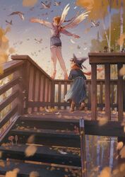 2girls against_railing artist_name autumn_leaves balcony barefoot birch_tree bird black_sweater blue_skirt blue_sky boots brown_footwear brown_hair commentary day denim denim_shorts english_commentary falling_feathers falling_leaves feathered_wings feathers flock forest goose hat hat_feather highres holding holding_removed_eyewear leaf long_hair looking_afar multiple_girls mushroom nature on_railing orange_socks original outdoors outstretched_arms ponytail profile railing red_scarf sarah_webb scarf shirt short_shorts shorts skirt sky slice_of_life socks stairs standing standing_on_one_leg suspenders sweater too_many too_many_birds tree unworn_eyewear very_long_hair white_shirt white_wings wings witch_hat wooden_railing
