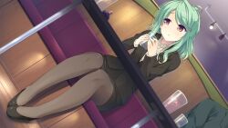 1girl bench black_jacket black_shoes black_skirt blouse blush cup drinking_glass elbows_on_table formal_clothes frilled_shirt frills full_body game_cg green_hair hands_up head_tilt high_heels highres holding holding_cup ice indoors jacket kitaooji_karen long_hair looking_to_the_side making_lovers official_art on_bench open_mouth orange_eyes pantyhose parted_bangs ponytail pumps shirt shoes sidelocks sitting skirt skirt_suit solo suit table taniyama-san third-party_source variant_set