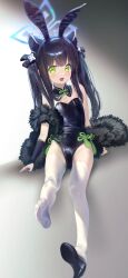 1girl adashi_makoto animal_ears black_leotard blue_archive blush commentary_request detached_collar extra_ears fake_animal_ears feet flat_chest fur_shawl green_eyes halo high_heels highres legs leotard long_hair looking_at_viewer no_shoes open_mouth playboy_bunny right_shoe_removed shawl shoes shun_(blue_archive) shun_(small)_(blue_archive) single_shoe smile soles solo thighhighs tiger_ears toe_scrunch toes twintails white_thighhighs