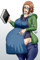 Rule 34 | 1girl, absurdres, apron, big belly, book, breasts, brown eyes, brown hair, cleavage, covered erect nipples, curvy, female focus, glasses, highres, kaii to otome to kamikakushi, large breasts, looking at viewer, matching hair/eyes, mature female, mole, mole under eye, ogawa sumireko, one eye closed, pregnant, sado art, short eyebrows, short hair, solo, thick thighs, thighs, wide hips, wink