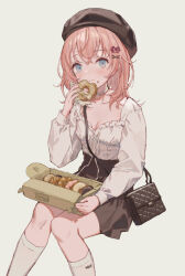 1girl bag black_hat blue_eyes brown_skirt closed_mouth collarbone commentary_request donut eating food hair_ornament hat highres holding holding_donut holding_food long_sleeves looking_at_viewer original pastry_box pink_hair shirt shoulder_bag simple_background sitting skirt socks solo white_shirt white_socks x_hair_ornament yutsumoe