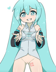 1girl aged_down ass blue_eyes blue_hair blush cleft_of_venus female_focus hatsune_miku heart jua long_hair nose panties pussy pussy_juice_stain simple_background smile solo stain standing steam sweat tattoo underwear vocaloid wet wet_clothes wet_panties white_background