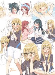 3girls =_= adjusting_eyewear bath black_pants black_shirt blonde_hair blush bottle closed_eyes convenient_censoring drying drying_another&#039;s_hair drying_hair fang fujita_kotone gakuen_idolmaster glasses green_hair hair_bun hair_dryer hanami_saki handheld_electric_fan highres holding holding_hair_dryer hoshinopurin idolmaster jacket long_hair looking_at_viewer multiple_girls nude pants pink_jacket raised_eyebrow red_hair shirt short_sleeves shorts speech_bubble steam steam_censor sweatdrop sweatpants thought_bubble tongue tongue_out towel towel_around_neck translation_request tsukimura_temari water water_bottle white_shirt white_shorts yellow_eyes yellow_shorts
