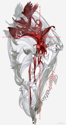 1girl absurdres barefoot bird blood blood_on_clothes blood_splatter highres long_hair original red_bird standing watermark weibo_7548498834 weibo_watermark white_hair