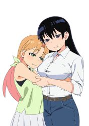 2girls arato_nagi armpit_crease belt black_hair blonde_hair blush breasts closed_eyes curtained_hair denim earrings green_eyes highres hug huge_breasts jeans jewelry large_breasts light_blush long_hair long_sleeves multiple_girls nitou3gi pants pleated_skirt purple_eyes ruri_no_houseki side-by-side simple_background skirt sleeveless stud_earrings tanigawa_ruri taut_clothes taut_pants very_long_hair white_background