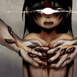 1boy 1girl album_cover arms_at_sides black_hair blood collarbone commentary_request completely_nude cover covered_eyes crack cracked_wall crying deep_wound eyeball guro hole_in_chest hole_on_body injury kikai_(akita_morgue) leech loli long_hair nude open_mouth original out_of_frame pain saliva streaming_tears tears too_many_eyes upper_body