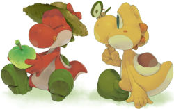 alternate_color blue_eyes boots bug butterfly colored_skin company_connection doseisan hat insect koki_(ryoushikiha) mario_(series) mother_(series) mother_2 nintendo no_humans red_skin red_yoshi saddle simple_background super_mario_world white_background yellow_skin yellow_yoshi yoshi
