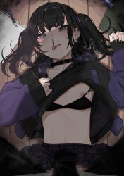 1boy 1girl aroused_nosebleed black_bra black_choker black_hair black_nails blood blood_in_mouth blush boy_on_top bra bra_pull breasts choker clothes_lift clothes_pull commentary_request ear_piercing earrings grey_eyes hetero highres hood hoodie hoodie_lift jewelry kashihara_noa_(kindatsu) kindatsu long_sleeves looking_at_viewer lying medium_hair navel nosebleed on_back on_floor open_mouth original pen piercing pov rope_marks skirt skirt_lift sleeves_past_wrists small_breasts sweat twintails underwear