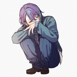 1boy aqua_hair arms_on_knees blue_pants blue_sweater brown_shoes commentary_request covered_mouth earrings highres iwawa jewelry kamishiro_rui kamiyama_high_school_uniform_(project_sekai) kneeling loafers long_sleeves looking_to_the_side male_focus multicolored_hair pants piercing project_sekai purple_hair school_uniform shoes sideways_glance simple_background solo streaked_hair stud_earrings sweater white_background yellow_eyes