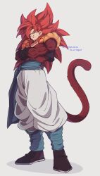 Rule 34 | 1boy, black vest, blue eyes, body fur, brown fur, crossed arms, dragon ball, dragon ball gt, full body, gogeta, highres, komesan 0212, long hair, male focus, metamoran vest, muscular, pants, red hair, simple background, solo, spiked hair, super saiyan, super saiyan 4, vest, white background, white pants