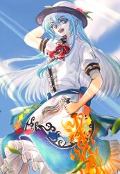 Rule 34 | 1girl, black hat, blue eyes, blue hair, blue skirt, bow, fire, flaming sword, flaming weapon, food, food-themed hair ornament, frills, fruit, fruit hat ornament, ghmfly8 (mitou), hair ornament, hat, hat ornament, highres, hinanawi tenshi, leaf, leaf hat ornament, light rays, long hair, looking at viewer, open mouth, peach, peach hair ornament, peach hat ornament, rainbow order, red bow, shirt, short sleeves, skirt, sky, smile, solo, sword, sword of hisou, touhou, traditional media, weapon