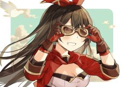 Rule 34 | 1girl, amber (genshin impact), breasts, brown hair, cleavage, genshin impact, goggles, long hair, medium breasts, smile, tagme