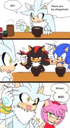 Rule 34 | 3koma, amy rose, black fur, black hair, blue fur, blue hair, blush, chopsticks, comic, dress, eating, food, gloves, green eyes, grey fr, grey hair, highres, noodles, pink fur, pink hair, ramen, red eyes, restaurant, sega, shadow the hedgehog, silver the hedgehog, smile, sonic (series), sonic the hedgehog, spiked hair, yellow eyes, yotsumeddd