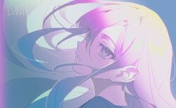 1girl blending close-up commentary dated english_commentary grey_eyes grey_shirt haun looking_at_viewer parted_lips project_sekai purple_eyes shirt sidelocks simple_background solo upper_body white_background yoisaki_kanade