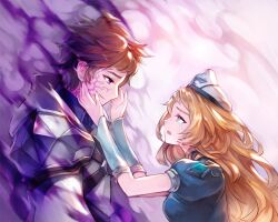 1boy 1girl armor artist_request aura blonde_hair blue_dress blue_eyes brown_eyes brown_hair coat commentary commentary_request corruption crying crying_with_eyes_open dark_aura dress english_commentary frey_(king&#039;s_raid) game_cg hands_on_another&#039;s_face hat highres hood kasel_(king&#039;s_raid) king&#039;s_raid korean_commentary long_hair mixed-language_commentary official_art puffy_short_sleeves puffy_sleeves second-party_source short_sleeves shoulder_armor tears white_coat white_hat