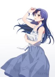 Rule 34 | 1girl, absurdres, arm up, bare shoulders, blue hair, blush, breasts, brown eyes, dress, highres, holding, holding paper, idolmaster, idolmaster (classic), idolmaster million live!, idolmaster million live! theater days, kisaragi chihaya, long hair, looking at viewer, nozawa noko, open mouth, paper, pure onepiece (idolmaster), sheet music, simple background, sleeveless, sleeveless dress, small breasts, smile, solo, standing, white background, white dress
