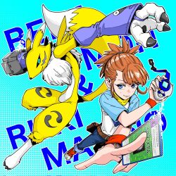 2girls belt black_sclera blue_background blue_eyes blue_pants blue_shirt body_fur brown_hair card character_name colored_sclera d-ark digimon digimon_(creature) digimon_tamers eikenkobayashi fox_tail full_body gradient_background high_ponytail highres holding holding_card kitsune leaf looking_at_another makino_ruki motion_blur multiple_girls pants ponytail renamon shirt simple_background tail white_fur white_shirt yellow_fur yellow_tail