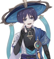 1boy akanbe anemo_symbol_(genshin_impact) aqua_gemstone arm_at_side armor belt black_belt black_bodysuit black_bow black_bridal_gauntlets blue_cape blue_hat blue_kimono blue_sleeves blunt_ends bodysuit bow bridal_gauntlets bright_pupils cape covered_collarbone delisha_lia eyelid_pull eyeliner eyeshadow feathers finger_to_cheek furisode gem genshin_impact gold hand_up hat highres index_finger_raised japanese_armor japanese_clothes jingasa juban kimono kote kurokote layered_sleeves looking_at_viewer makeup male_focus mandarin_collar open_clothes open_kimono open_mouth pom_pom_(clothes) purple_eyes purple_hair purple_rope purple_sash red_eyeliner red_eyeshadow rope sash scaramouche_(genshin_impact) short_sleeves signature solo teeth tongue tongue_out tsurime upper_body vision_(genshin_impact) wanderer_(genshin_impact) white_background white_kimono white_pupils white_sleeves wispy_bangs yellow_feathers