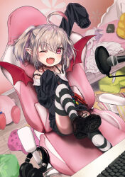 1girl ;d ahoge arm_up badge bag bare_shoulders bedroom belt black_boots black_jacket black_skirt black_thighhighs blush boots button_badge chair clothes_on_bed collar collarbone computer_keyboard convenient_leg demon_wings desk dutch_angle dyed_ahoge fang foot_out_of_frame gaming_chair grey_hair hair_between_eyes hand_up handbag handheld_game_console head_tilt headphones headphones_removed highres jacket jewelry knee_up makaino_ririmu makaino_ririmu_(2nd_costume) medium_hair messy_room microphone miniskirt multicolored_hair necklace nijisanji off-shoulder_jacket off_shoulder on_chair one_eye_closed oota_(monokuro--02) open_mouth platform_boots pointy_ears pop_filter red_bag red_collar red_eyes red_hair red_wings shoe_soles shoulder_bag sidelocks sitting skin_fang skirt sleeves_past_fingers sleeves_past_wrists smile solo strap_slip streaked_hair striped_clothes striped_thighhighs stuffed_toy swivel_chair thighhighs twintails unworn_clothes virtual_youtuber white_thighhighs wings zettai_ryouiki zipper zipper_pull_tab