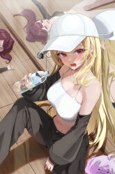 2girls absurdres baseball_cap blonde_hair camisole hat highres jingburger long_hair mirror multiple_girls navel purple_hair red_eyes reflection su2ro sweat virtual_youtuber waktaverse water white_camisole white_hat