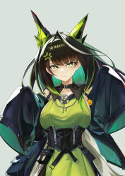 1girl absurdres ahoge anger_vein angry aqua_hair arknights black_hair black_jacket bright_pupils chinese_commentary closed_mouth collarbone colored_inner_hair commentary_request dress emoji frown green_dress green_eyes grey_background hands_up highres huge_ahoge jacket looking_at_viewer mon3tr_(arknights) multicolored_hair simple_background sleeves_past_fingers sleeves_past_wrists solo suimenjuu_no_mushi white_pupils