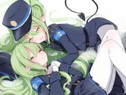 2girls absurdres blue_archive blush breasts demon_tail green_hair green_halo halo hat highres hikari_(blue_archive) long_hair looking_at_viewer multiple_girls nozomi_(blue_archive) pointy_ears sakurano_rocco siblings skirt small_breasts tail twins twintails yellow_eyes