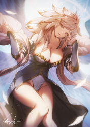 1girl bare_shoulders blue_dress blue_eyes blue_leotard breasts brown_hair cleavage closed_mouth collarbone covered_navel dress gabriel_(granblue_fantasy) genyaky granblue_fantasy hands_up head_tilt highres large_breasts leotard long_hair looking_at_viewer signature sitting smile solo thighs