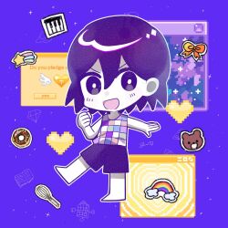 1boy barefoot blush bright_pupils chibi chibi_only colored_skin full_body genk1zam4s highres kel_(headspace)_(omori) kel_(omori) looking_at_viewer male_focus omori open_mouth pixel_art_inset purple_eyes purple_hair purple_shorts short_hair shorts smile solo tank_top white_pupils white_skin