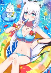 1girl 1other absurdres animal_ear_fluff animal_earrings animal_ears bikini blue_eyes blush braid breasts buoy cleavage closed_eyes collarbone commentary english_commentary flower food fox_ears fox_girl fox_tail hair_between_eyes highres holding holding_food holding_popsicle hololive long_hair looking_at_viewer lying medium_breasts navel on_back open_mouth popsicle red_flower red_petals shirakami_fubuki stomach sukonbu_(shirakami_fubuki) swimsuit tail thighs virtual_youtuber water white_hair yamada_ao