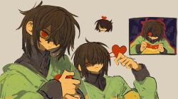 Rule 34 | 1other, brown background, brown hair, closed mouth, colored skin, deltarune, expressionless, green shirt, hair over one eye, heart, highres, holding, holding heart, kris (deltarune), orange skin, other focus, portrait, red eyes, shirt, short hair, simple background, soul (deltarune), zzzqlm