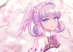 1girl blue_eyes braid breasts crown_braid enni head_wings looking_at_viewer medium_breasts melia_antiqua o-ring pink_ribbon ribbon silver_hair smile solo upper_body wings xenoblade_chronicles:_future_connected xenoblade_chronicles_(series) xenoblade_chronicles_1