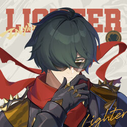 Rule 34 | 1boy, absurdres, black gloves, gloves, green eyes, green hair, hair over one eye, highres, lighter (zenless zone zero), male focus, ranshangchen, red scarf, scarf, short hair, shoulder spikes, solo, spiked jacket, spikes, studded gloves, sunglasses, upper body, zenless zone zero